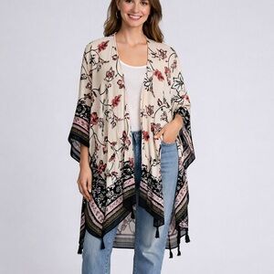 Vince Camuto NEW Cream Pink Black Floral Tassel Kaftan Kimono OS